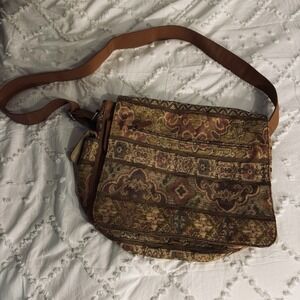 Vintage Fossil Tapestry Crossbody Messenger Bag Organizer Brown Paisley Boho Y2K